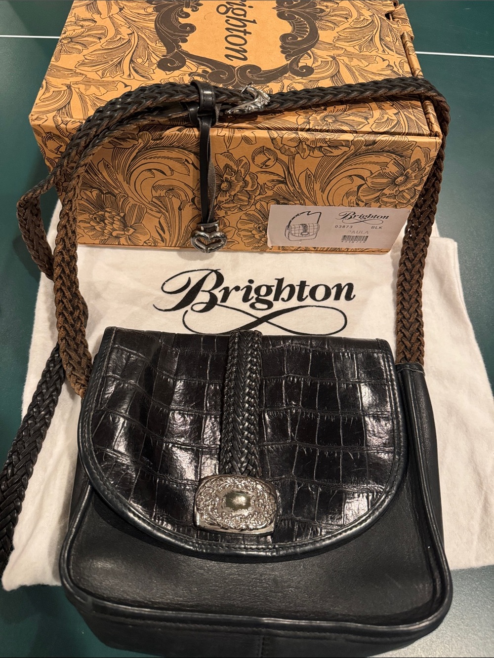 Brighton Black Croc-Embossed Leather Crossbody with Braided Strap
